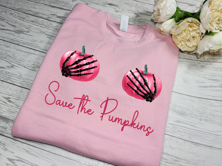 Custom Unisex BABY PINK jumper Save the pumpkins breast cancer awarene Little house of creations