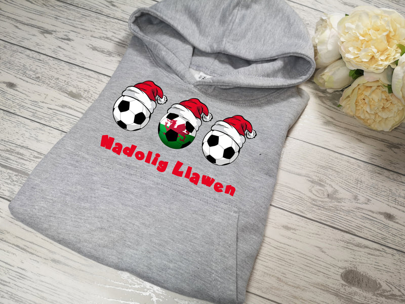 Custom Heather GREY hoodie with WELSH football christmas detail Nadolig llawen