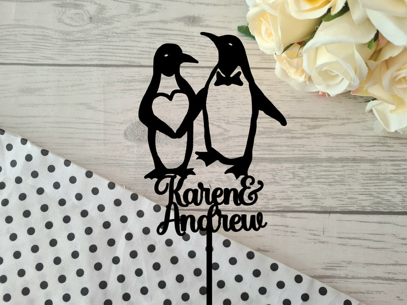 Personalised plain or Mirrored acrylic Wedding cake topper Penguins engagement