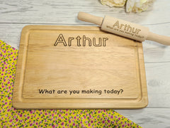 Personalised Engraved Wooden Rectangle kids play dough board and mini rolling pin Any Name