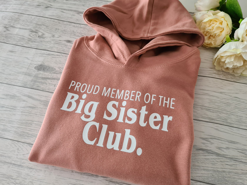 Custom Kids DUSKY PINK hoodie Big sister club detail baby announcement Little house of creations