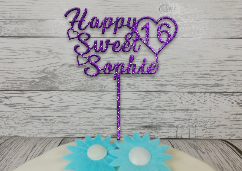 Personalised wooden Glitter birthday Happy Sweet 16 Age cake topper Any name