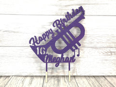 Personalised wooden birthday Music Cornet cake topper Any name 16 18 21 30 40