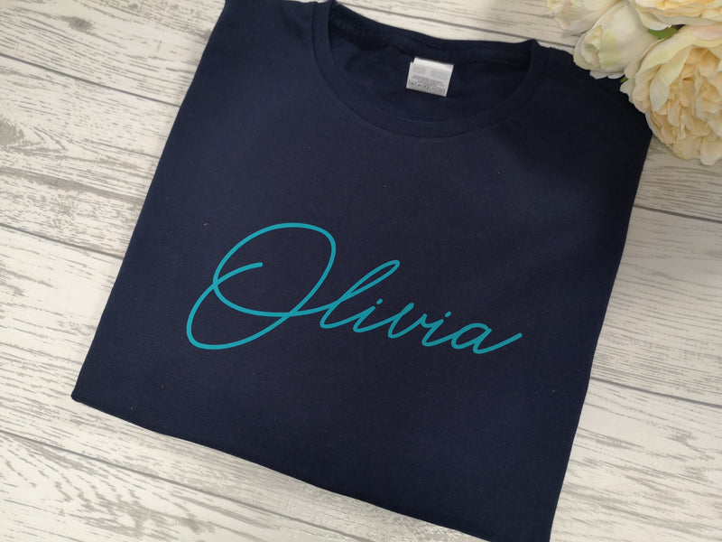 Personalised Kids Birthday Name Navy custom t-shirt with choice of colour detail