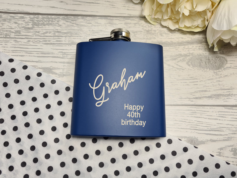 Personalised Birthday NAME Engraved Navy or Black stainless steel hip flask 6oz  Any name and age