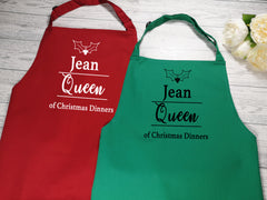 Personalised adult Queen of Christmas dinner apron in red or green
