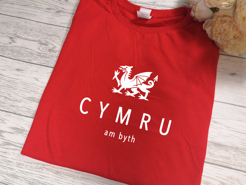 Custom Welsh Dragon RED Kids CYMRU t-shirt with choice of colour detail