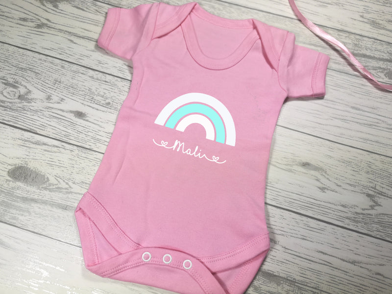 Personalised Rainbow Baby pink Baby vest suit