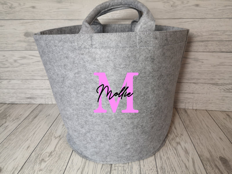 Personalised Light grey Felt storage trug bag with letter and name