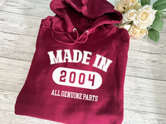 Personalised UNISEX Burgundy hoodie with MADE IN year detail In choice of colours