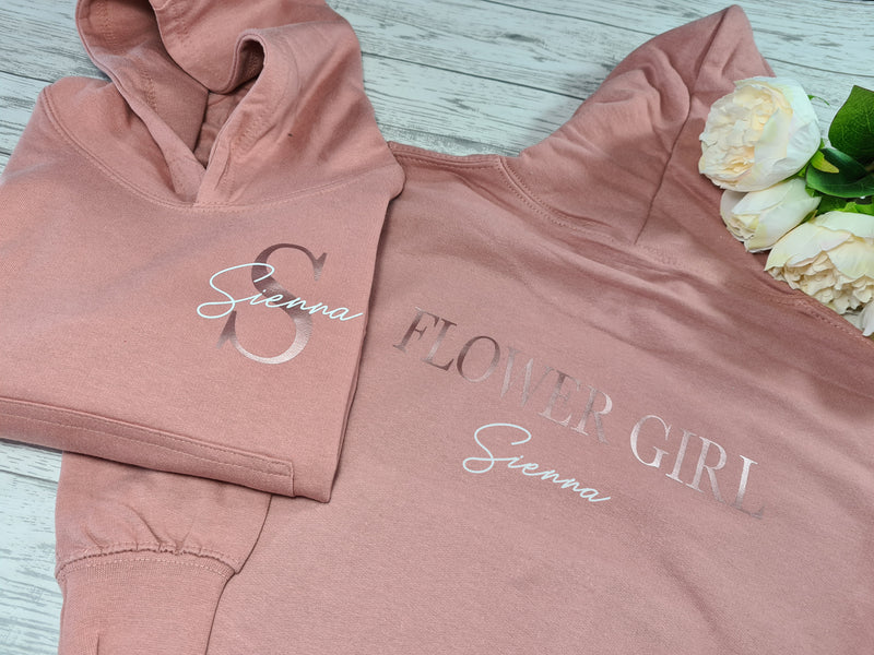 Personalised Kids DUSKY PINK Flower girl hoodie with letter and name detail
