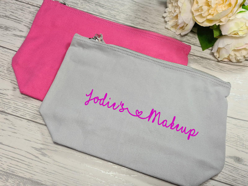 Personalised pink or grey canvas Large MAKEUP Accessory pouch bag add a name