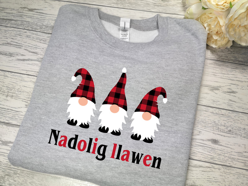 Custom Baby & KIDS WELSH Heather GREY christmas gnomes Christmas jumper with Nadolig llawen detail
