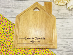 Personalised Engraved Wooden House New home Chopping board Names detail