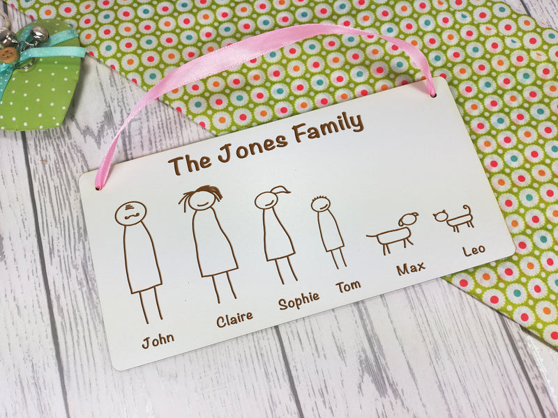 Personalised Engraved white hanging stick family sign Any Names Pets Choice of figures