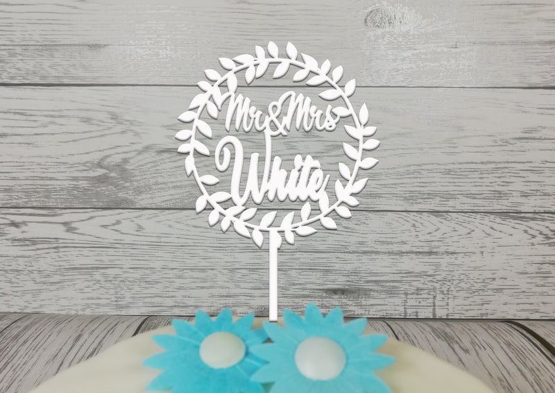 Personalised wooden Wedding leaf Circle cake topper