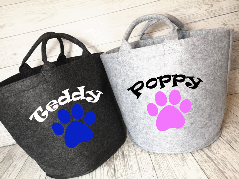 Personalised Grey Small or large Felt Dog Pet storage trug bag with Paw print
