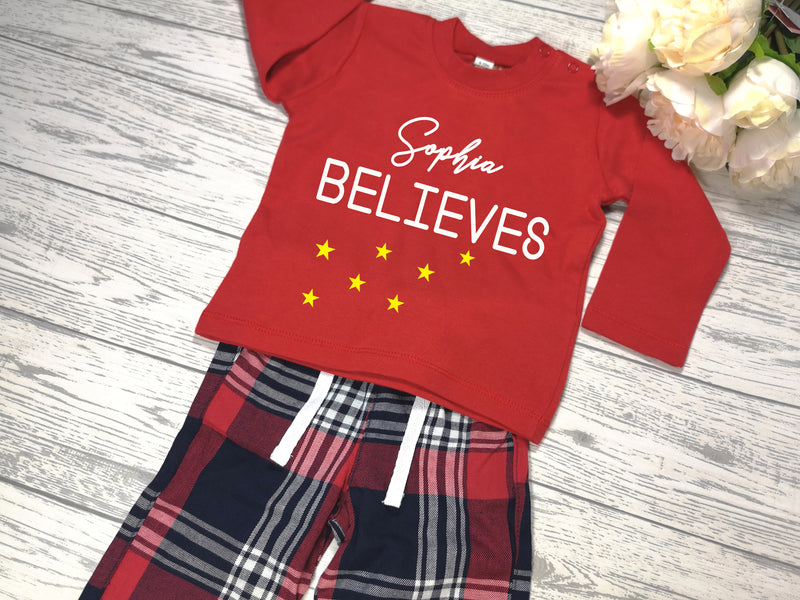 Personalised Family Christmas RED and tartan pyjamas Pjs Name believes detail