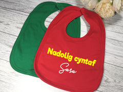 Personalised BABY First christmas Welsh Bibs Nadolig cyntaf Name detail