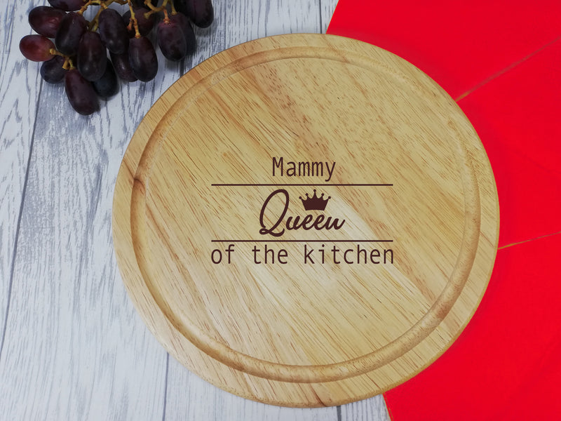Personalised Engraved Wooden Queen of the kitchen Round Chopping Cheese board