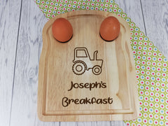 Personalised Engraved Tractor Wooden Toast Shaped egg breakfast board Any Name