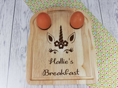 Personalised Engraved Unicorn Wooden Toast Shaped egg breakfast board Any Name