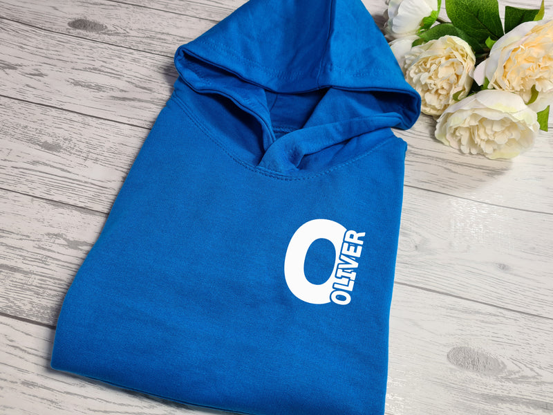 Personalised Kids BLUE hoodie with letter and name inside detail