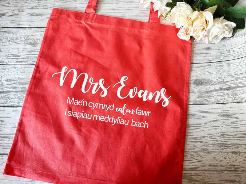 Personalised WELSH Tote bag with Teacher's Name calon fawr detail teacher gift