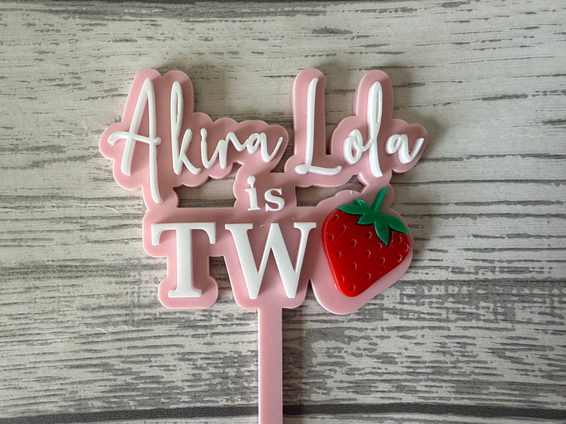 Personalised WELSH 2 layer acrylic Strawberry NAME is ONE birthday cake topper