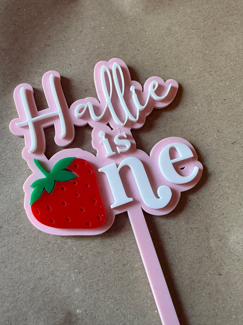 Personalised WELSH 2 layer acrylic Strawberry NAME is ONE birthday cake topper