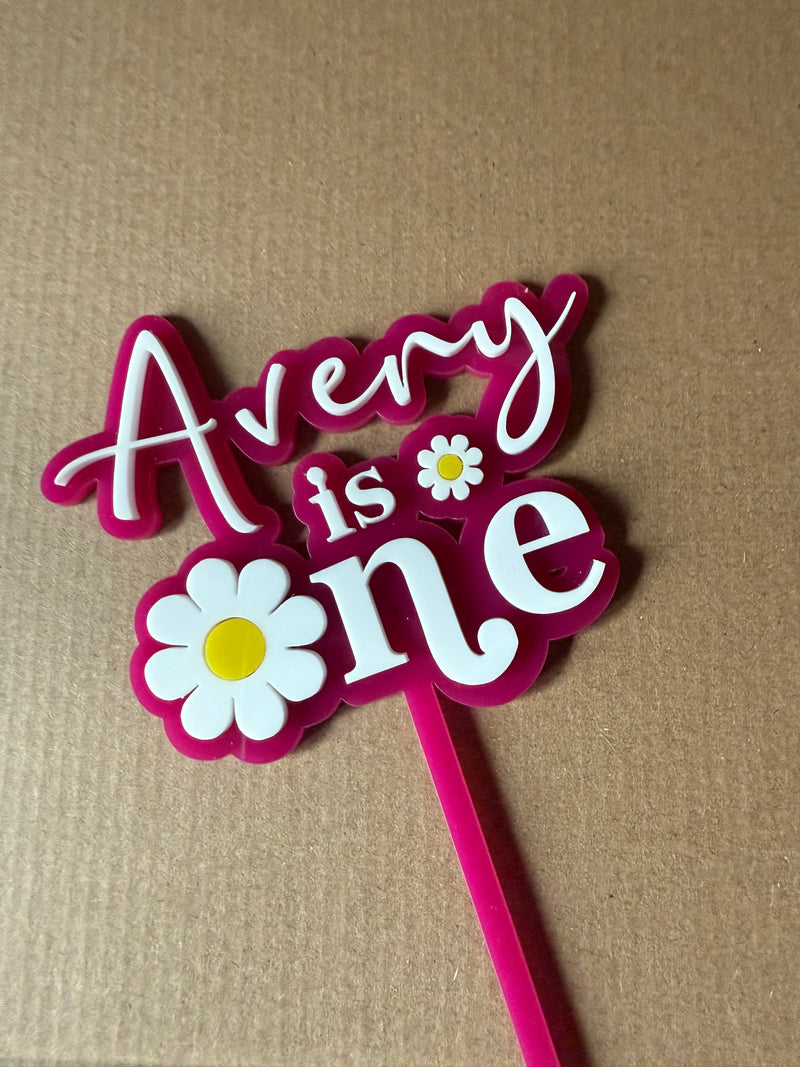 Personalised WELSH 2 layer acrylic Daisy NAME is ONE birthday cake topper