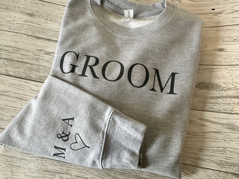 Personalised Unisex HEATHER GREY jumper GROOM with couples initials and heart on sleeve