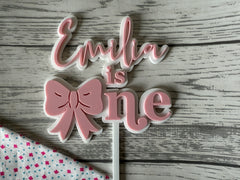 Personalised 2 layer acrylic Bow NAME is ONE TWO birthday cake topper
