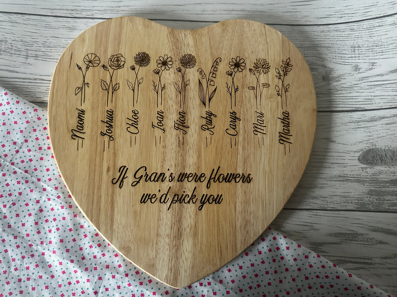 Personalised Engraved Wooden Heart birth flower Chopping board Mam Nanna Gran any name