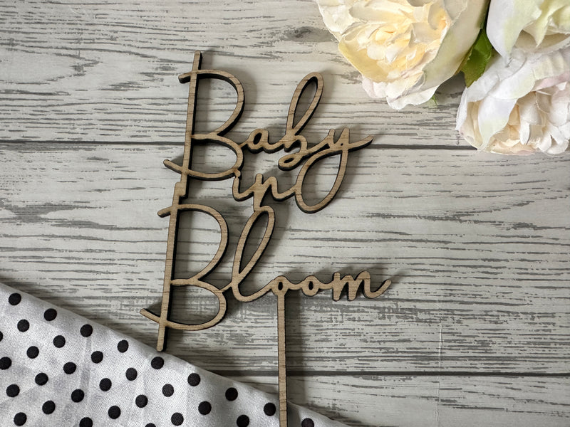 Custom Oak MFD Baby shower cake topper Baby in bloom