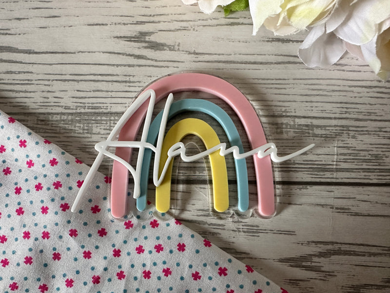 Personalised 2 layer acrylic rainbow birthday name cake charm or topper choice of colours