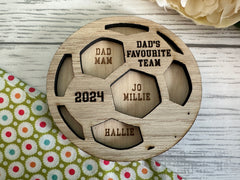 Personalised Engraved wood and oak football Dad's favourite team with kids names