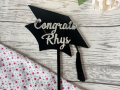 Personalised graduation acrylic cake topper mortar board hat name