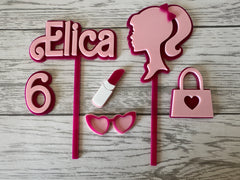 Personalised 2 layer acrylic Doll head bag makeup birthday NAME cake topper and charms