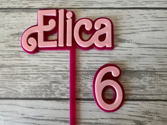 Personalised 2 layer acrylic Doll head bag makeup birthday NAME cake topper and charms