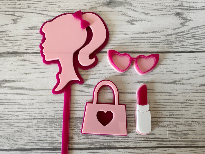 Personalised 2 layer acrylic Doll head bag makeup birthday NAME cake topper and charms