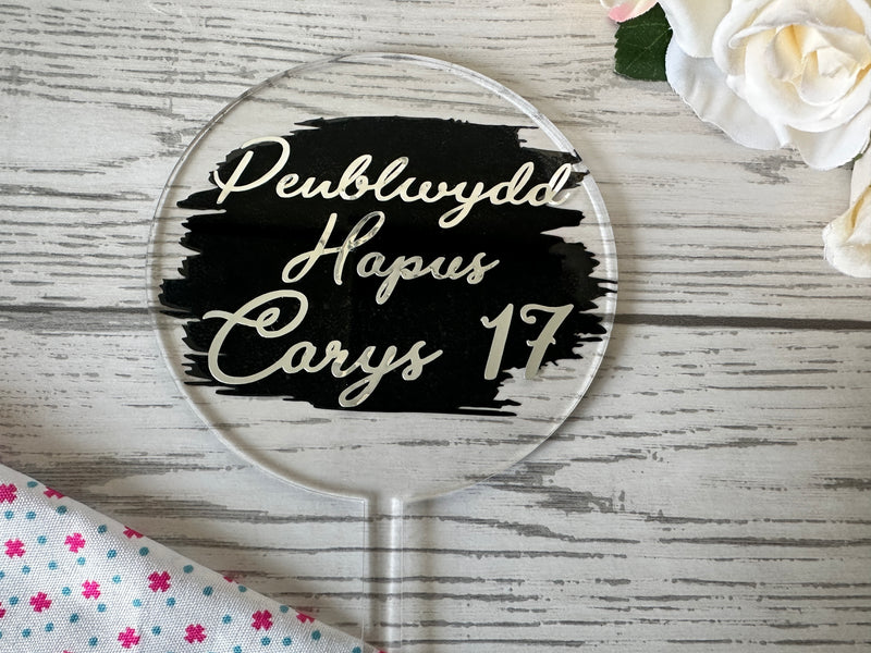 Personalised clear acrylic paddle birthday Welsh Penblwydd Hapus age cake topper Any name Any Age