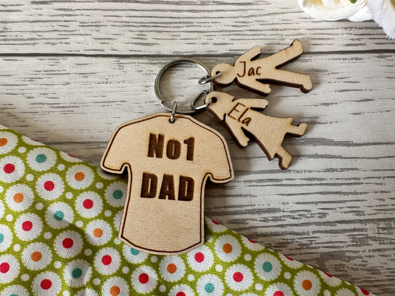Copy of Personalised Wooden rugby / football shirt with boy and girl figures Keyring No1 Dad.. Grandad