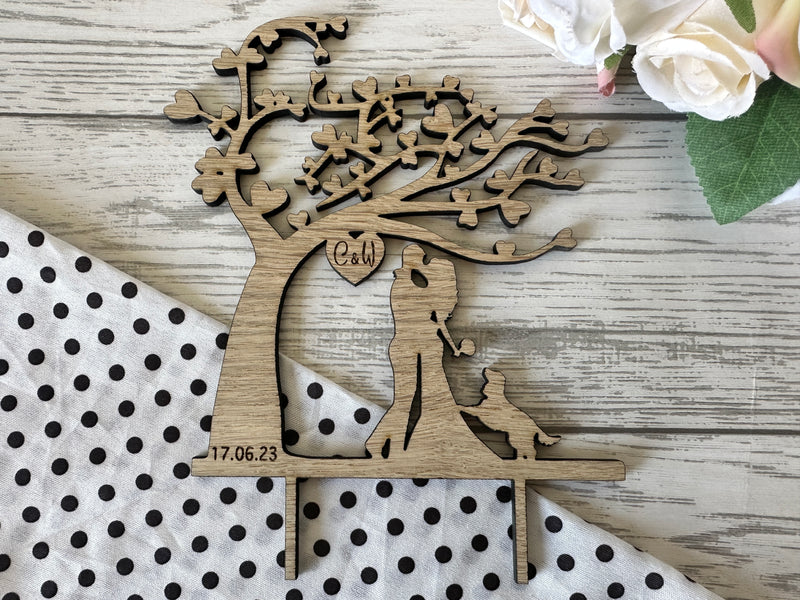 Personalised oak veneer Wedding tree cake topper with animals Any name date