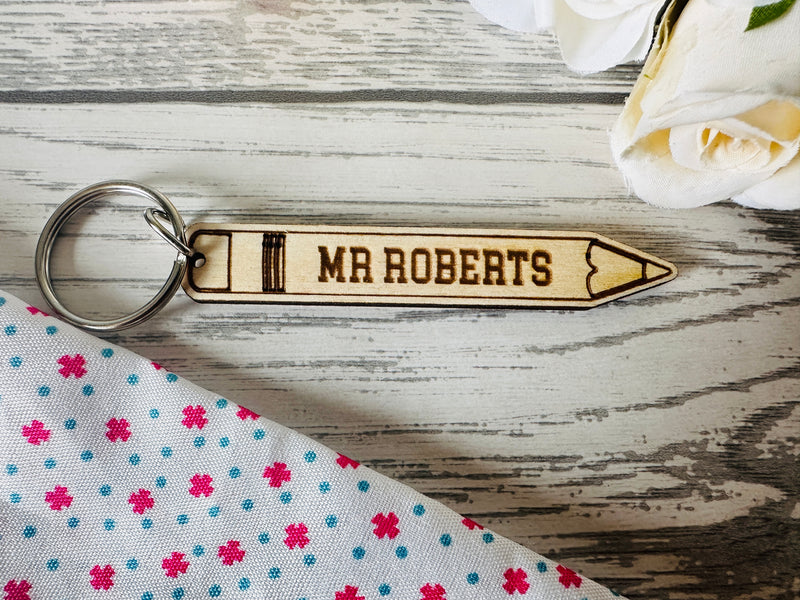 Personalised Wooden Teacher pencil Keyring  Key ring Mr or Mrs Any name