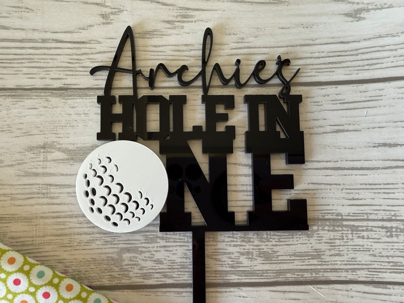 Personalised WELSH 2 layer acrylic Golf NAME Hole in ONE birthday cake topper