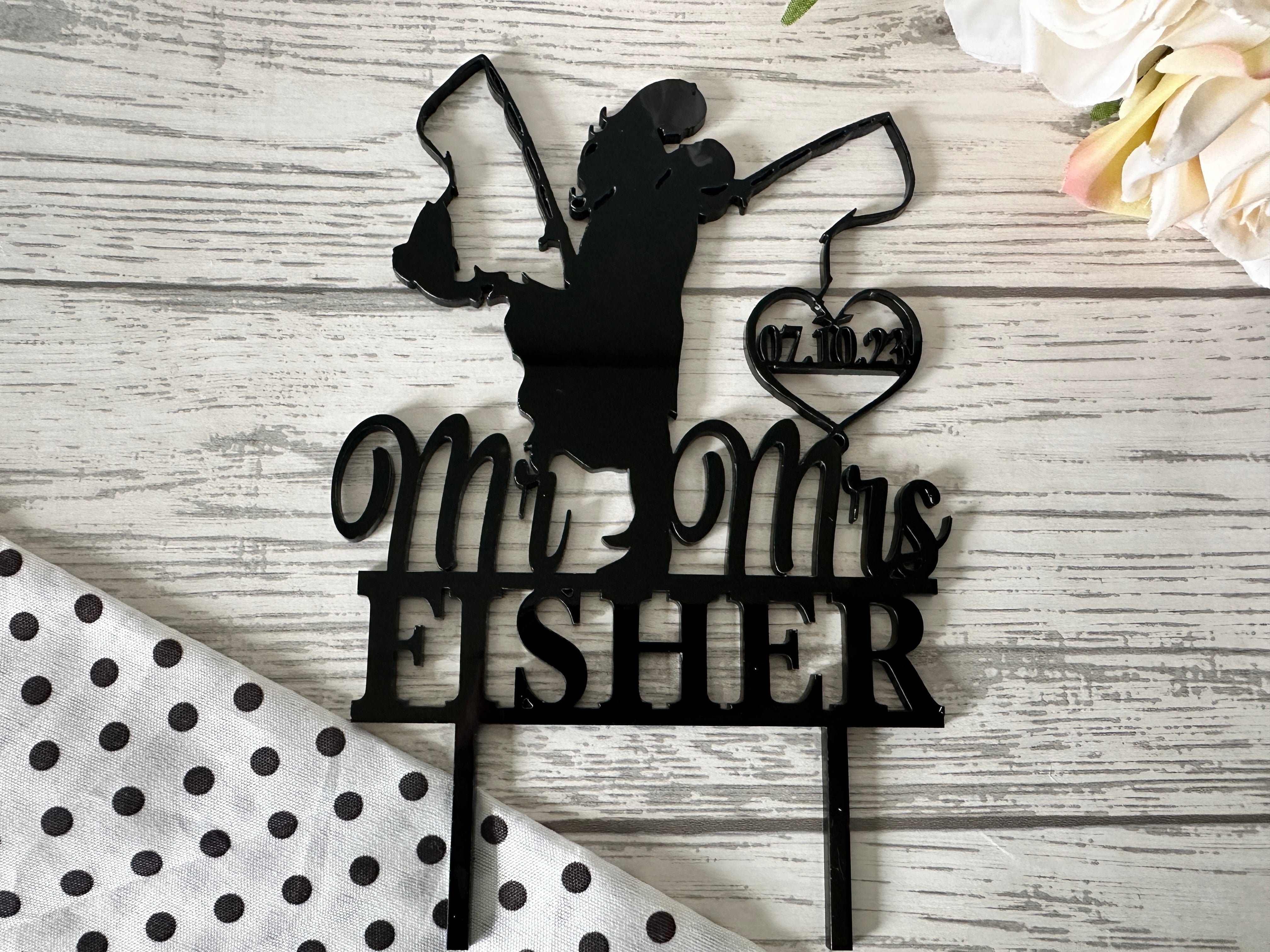 Personalised plain or Mirrored acrylic Wedding cake topper fishing