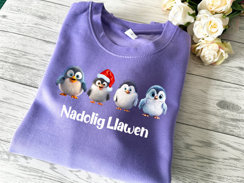 Custom KIDS welsh LILAC Christmas jumper cute PENGUINS with Nadolig Llawen detail