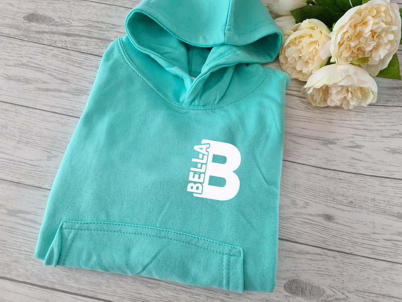 Personalised Kids MINT hoodie with letter and name inside detail