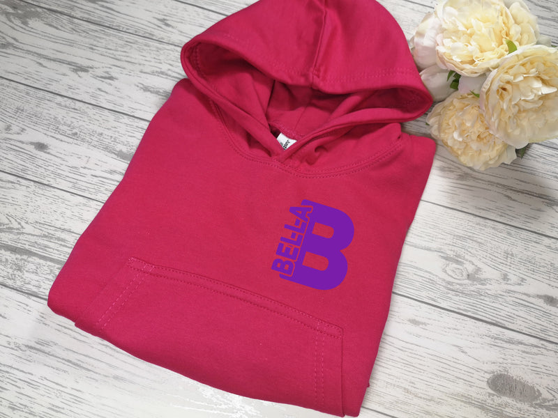 Personalised Kids HOT PINK hoodie with letter and name inside detail